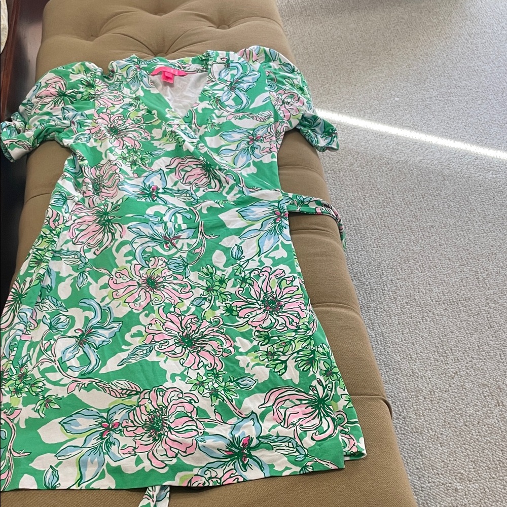 Lilly Pulitzer Green Floral Wrap Midi Dress with Pink and Blue Accents